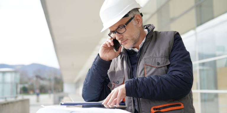 Photo of construction professional on a cell phone while looking at a tablet
