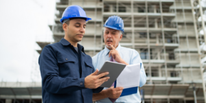 Two construction professionals reviewing a document while on a construction site