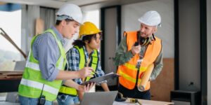 Three builders discuss unified project data on a computer and a tablet.