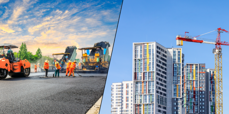 A dual image showing horizontal construction on a road and vertical construction on a skyscraper.