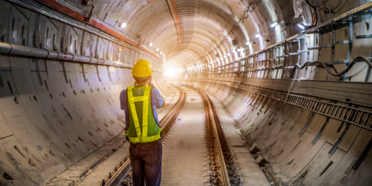 A subway construction worker looking down an incomplete train tunnel