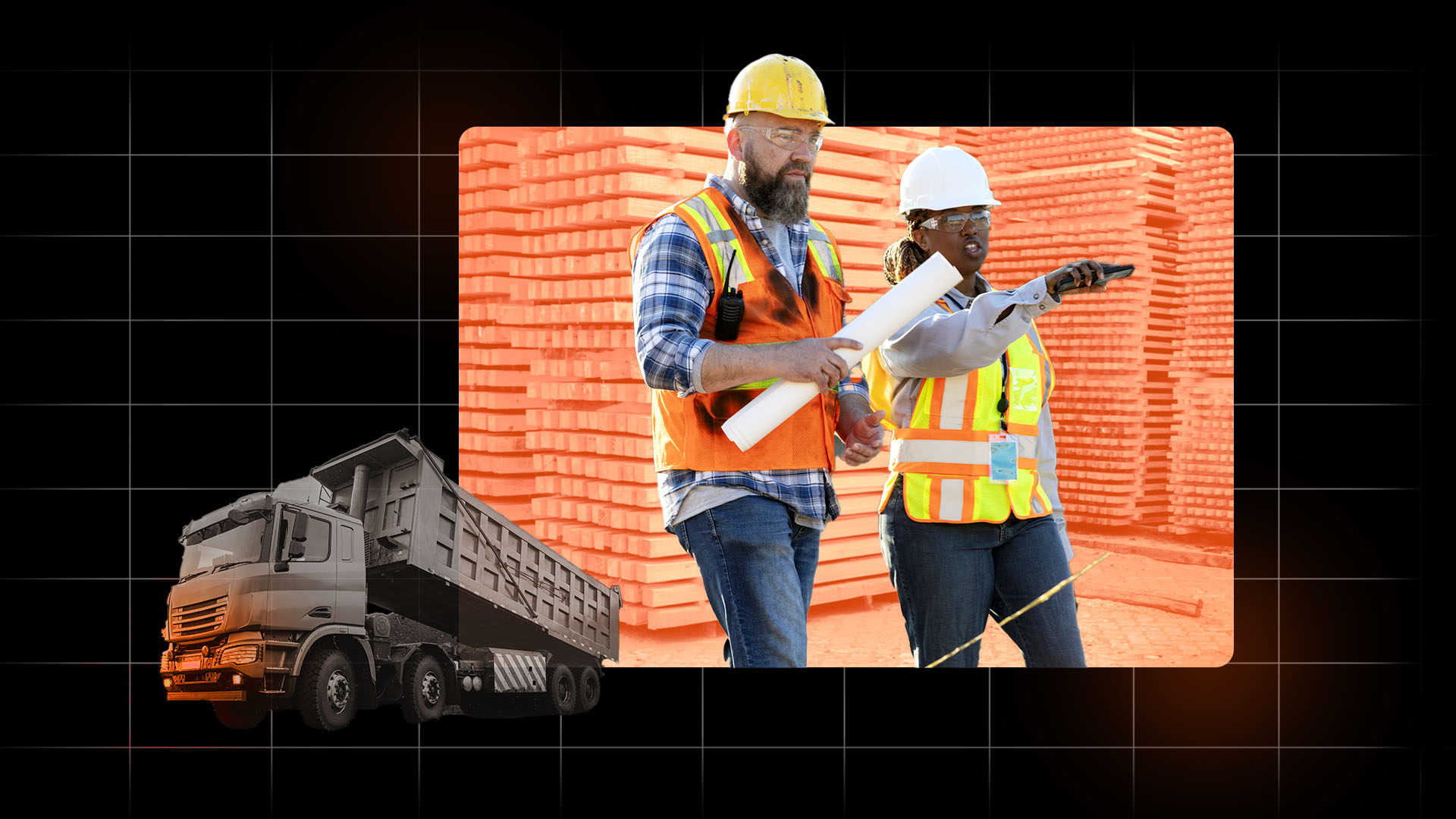 Illustrated image of two construction workers with materials and equipment