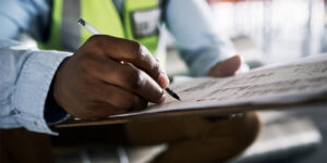 Closeup of construction permitting document being marked on clipboard