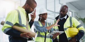 Contractor team review BIM files on a tablet