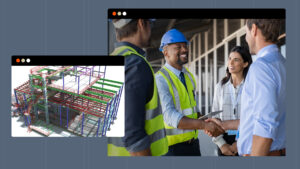 Photo of project owner shaking hands with workers with photo of BIM model