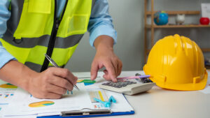 Photo of a construction professional planning at their desk.