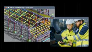 "Bim Manufactoring Construction" computer window with BIM model next to computer window open to photo of two workers looking at a laptop on a construction site