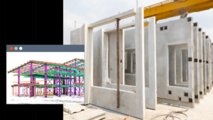 Photo of prefabricated panels being installed on a construction site with an image of a BIM model open in a computer window on the left side.