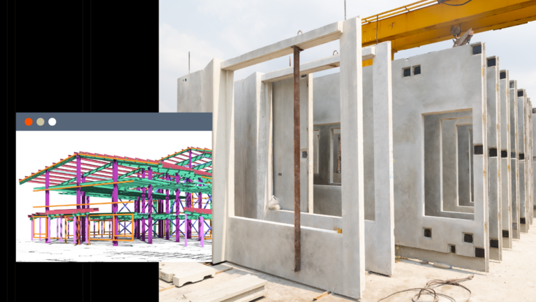 Photo of prefabricated panels being installed on a construction site with an image of a BIM model open in a computer window on the left side.