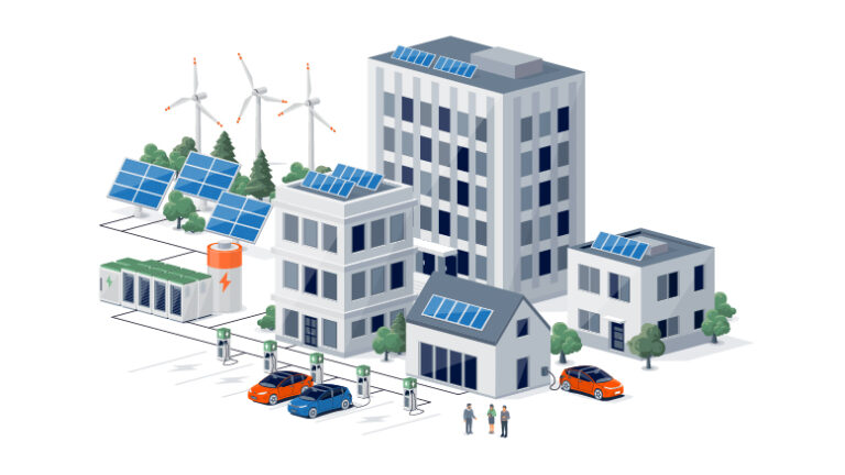 Illustration of renewable energy sources including solar panels and windmills surrounding city buildings