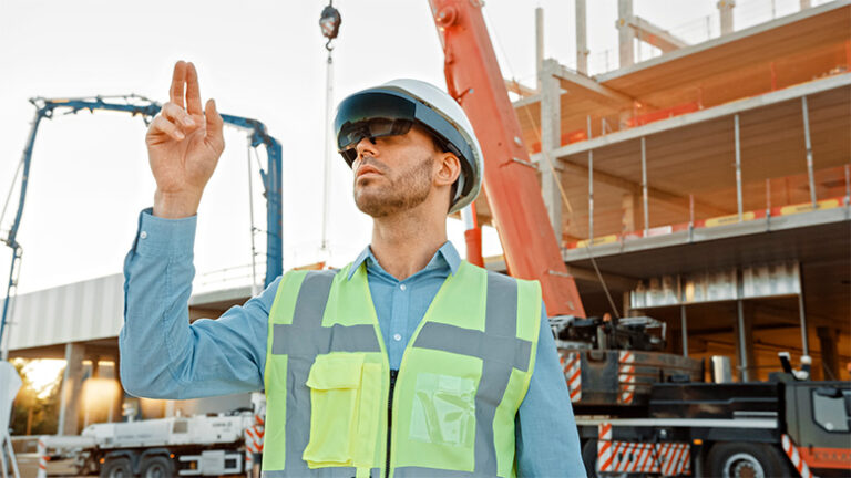Worker on a jobsite accessing IoT via a digital construction wearable device
