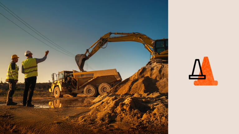 Heavy equipment safety shown on site through an excavator inspection photo with a safety cone icon