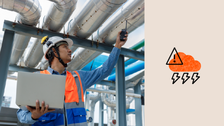 Photo MEP engineer checking pipes with illustration of severe weather icon on the right.