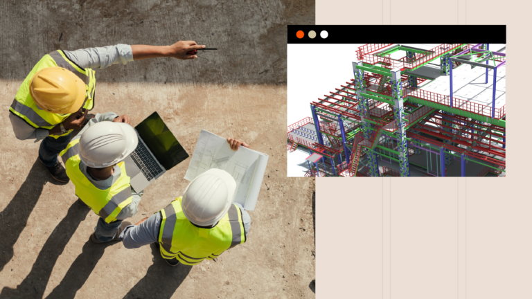 Construction team undergoing BIM training, with small computer window showing a BIM model on the right side of the image