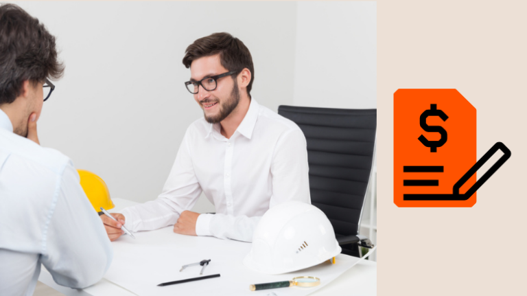 Construction bid interview photo of 2 people engaged in interview over a desk, with bidding icon