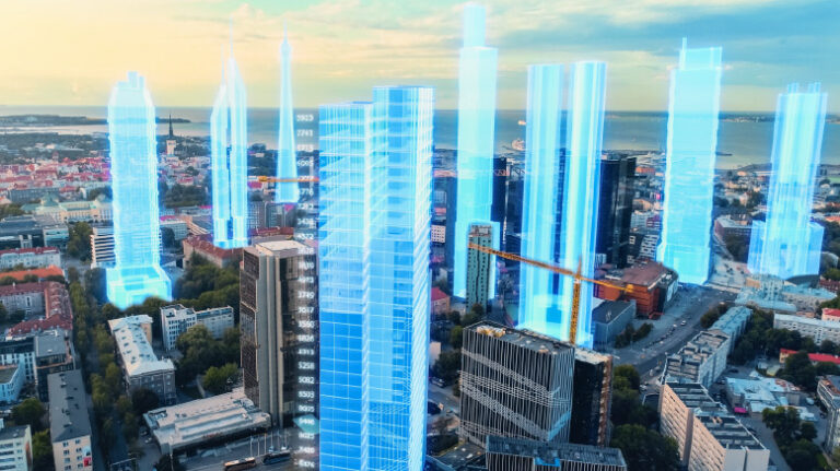 AI models of possible skyscrapers throughout a cityscape