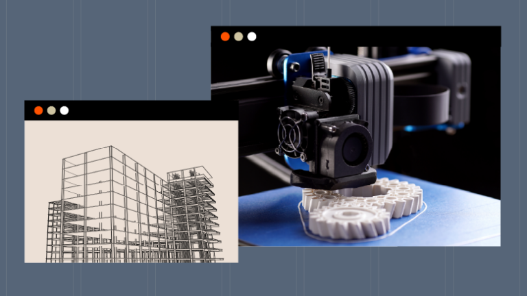 2 computer windows, one displaying a 3D BIM model of a building, the other showing a photo of a 3D printer