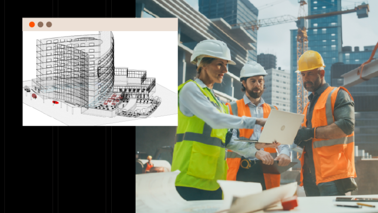BIM software being used in the field by 3 construction pros next to a computer window displaying a BIM model