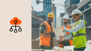 Cloud computing logo next to photo of workers examining a BIM model on a tablet