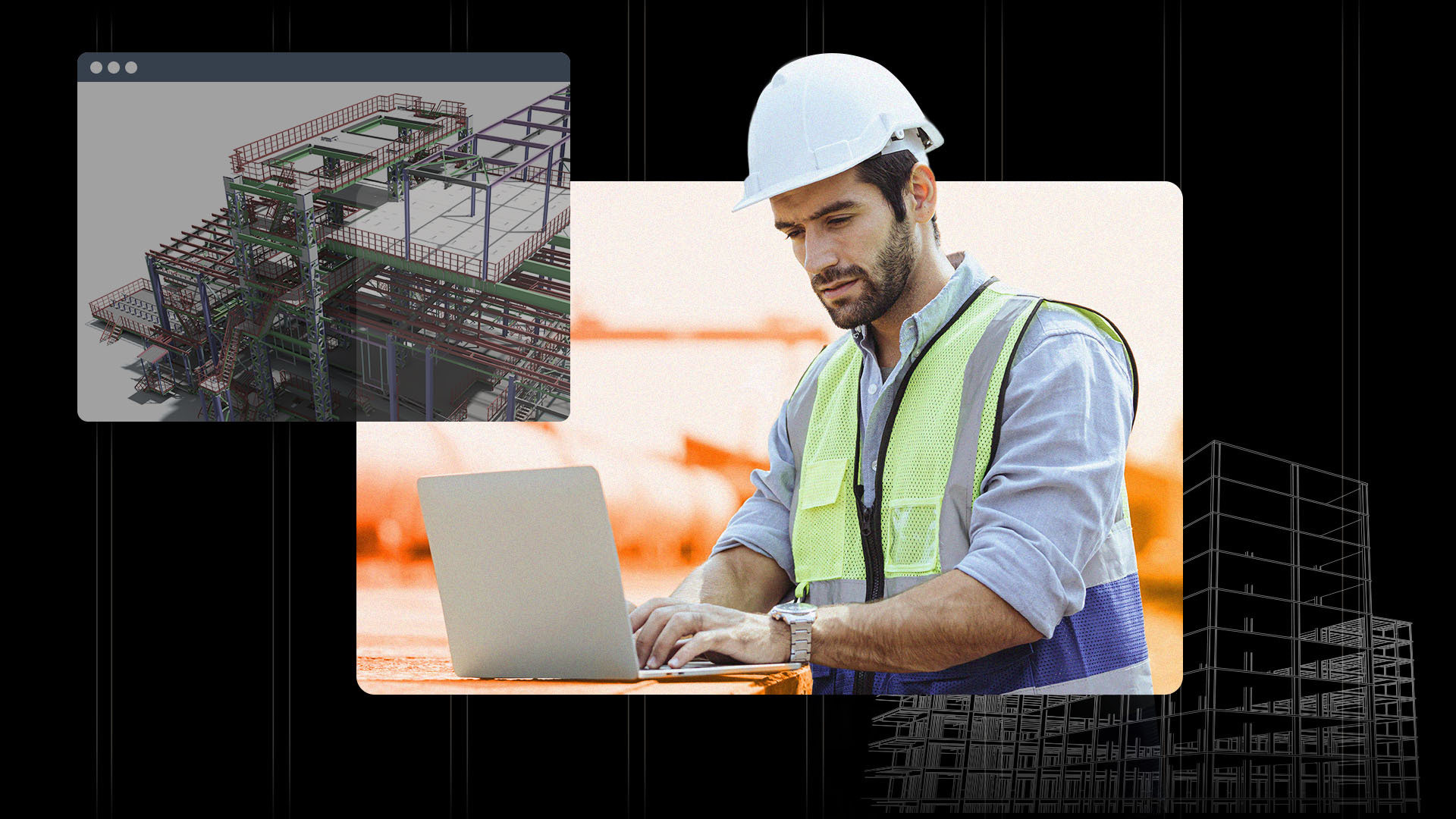 Illustration of contractor working on a laptop with an inset of a BIM file