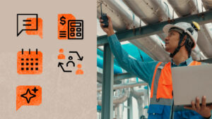 Icons representing 5 key skills of MEP professionals (technology, scheduling, financial literacy, communication, flexibility) with a photo of a plumbing worker