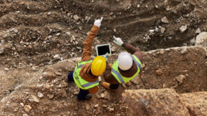 Two photos in an undeveloped part of a jobsite comparing notes on electronic tablets