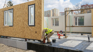 Workers assembling prefabricated materials on a construction jobsite.