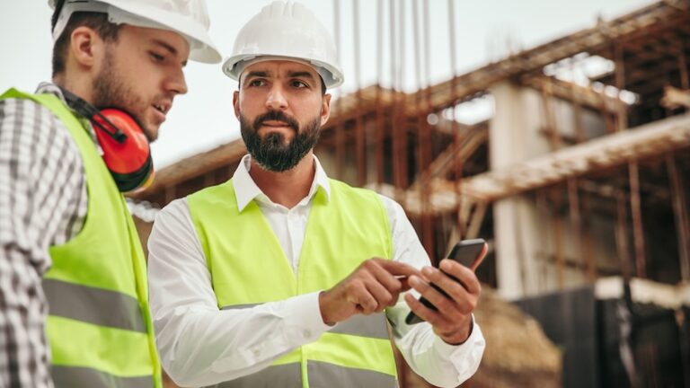 Construction workers in the field looking at information on a mobile device