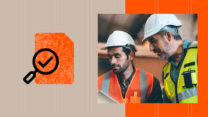 Checkmark search icon next to photo of 2 construction workers on a jobsite