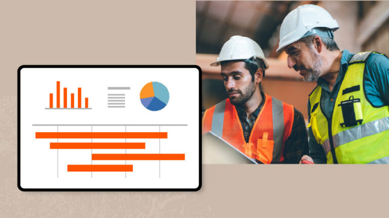 Illustration of construction data graphs and charts with a photo of a subcontractor discussing a project with another construction worker