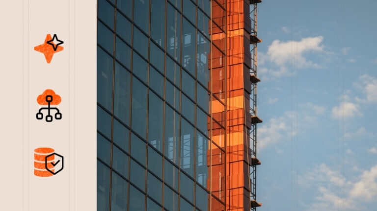 Photo of building under construction with icons for AI, cloud data, and data centers on the left side