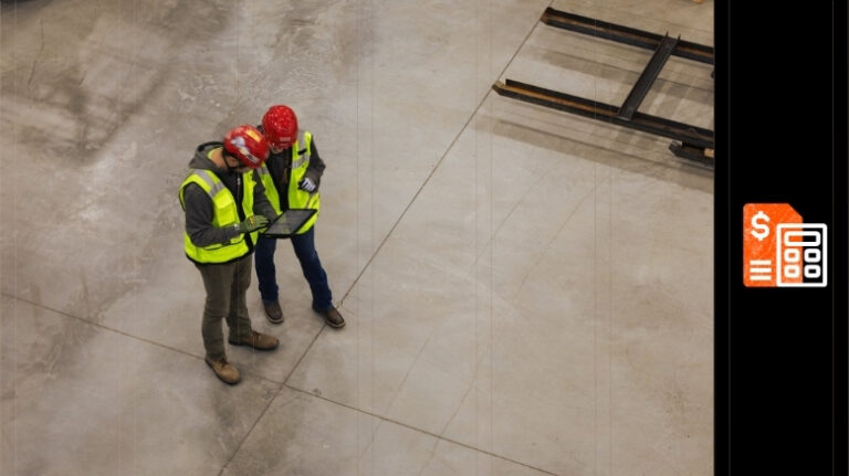 2 contractors looking at a tablet on a jobsite and an icon for financial management