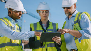 3 workers gathered around a tablet on a construction site