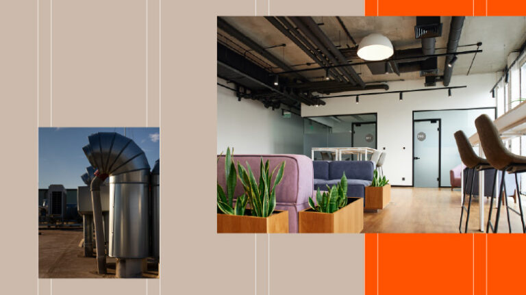 2 photos: Left is mechanical electrical element during a building's construction, the other is the interior of the finished building