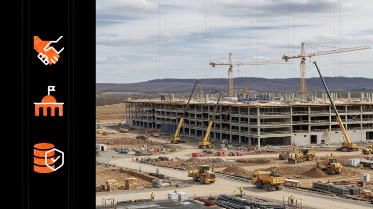 Power, politics, and permits icons next to photo of a construction site