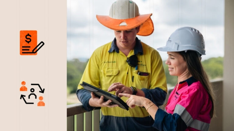 Bidder selection: Photo of 2 contractors talking with 2 bidding icons on the left side
