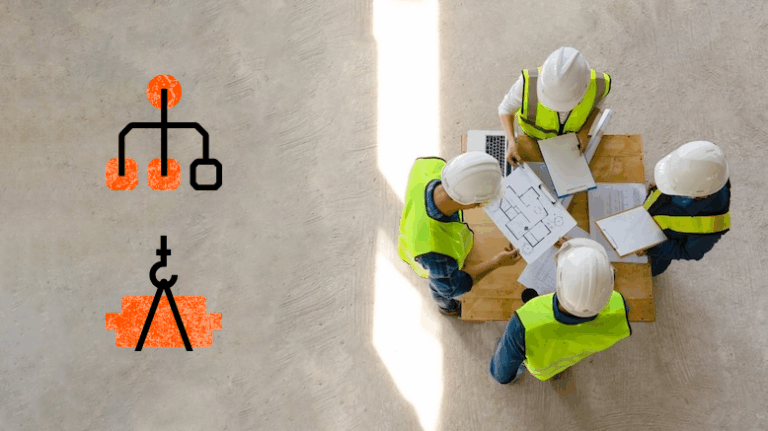 Group of workers discussing logistics with icons for logistical workflows and materials management on the left side
