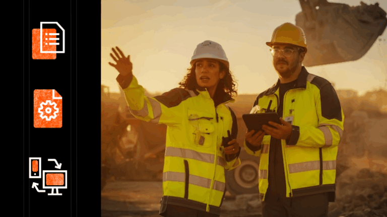 Construction workers at a jobsite discussing something on-site and on a tablet. Left are 3 construction project management software icons representing documentation, project management, and field to office coordination