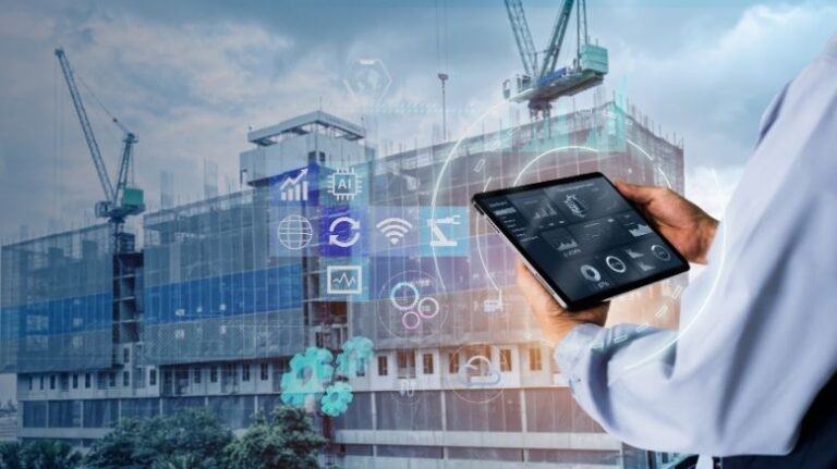 Construction professional holds smart tablet over background of construction site with overlaid illustration of digital and AI tools