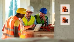 Construction workers looking at data on a laptop with financial management software icons on the left side