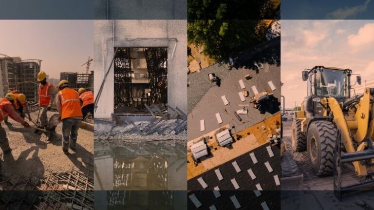Construction defects illustrated across 4 photos of different scenarios: workers digging in dirt, a pile of defective frames, workers laying cobblestone, and a concrete smoother
