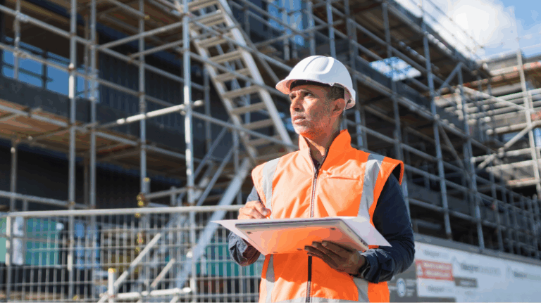 Construction worker looking at documents on a worksite