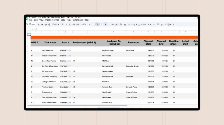 Preview image of a construction schedule template