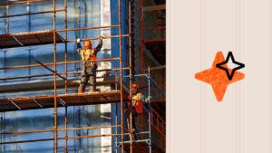 Photo of a contractor on scaffolding juxtaposed with an icon representing AI intelligence