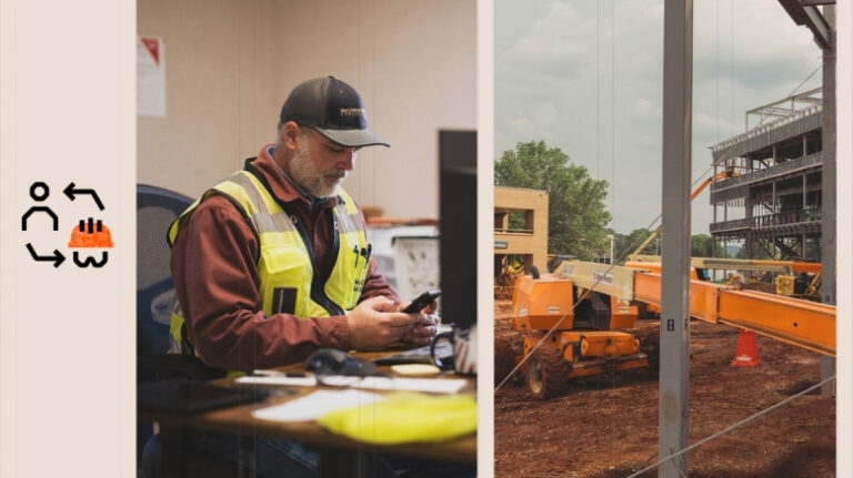 Field to office communication photo of worker in office juxtaposed with jobsite with field -to-office icon on left side