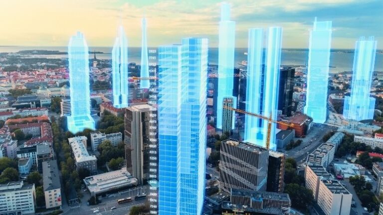 Virtual models of buildings in a photo of a cityscape
