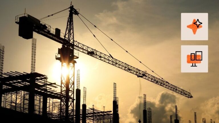 AI and Computer icons over a photo of cranes on a construction site