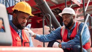 Two workers on a jobsite having an emotional conversation. One man is touching the other's shoulder