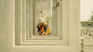 Worker measuring window frames on a jobsite