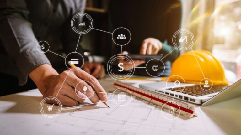 Interconnected web of icons symbolizing common construction issues overlaid on a photo of someone working at a desk with a hard hat on it